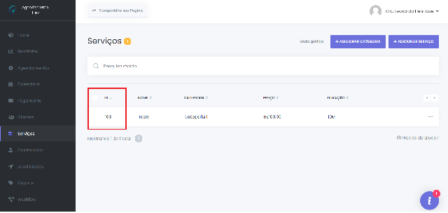 ID de serviços Agendamento Link